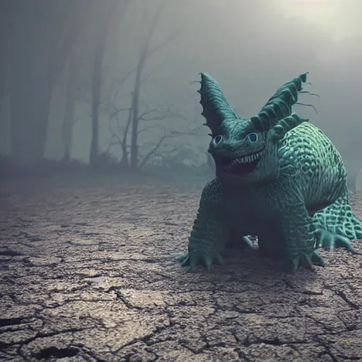 Image similar to real life pokemon, creepy!!!, scaly!!!, menacing!!!, evil, ultra realistic, gritty, morning, fog, volumetric lighting, sharp focus