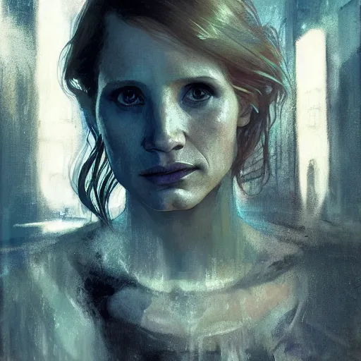 Image similar to jessica chastain, hyperrealistic portrait, bladerunner street, art of elysium by jeremy mann and alphonse mucha, fantasy art, photo realistic, dynamic lighting, artstation, poster, volumetric lighting, very detailed face, 4 k, award winning