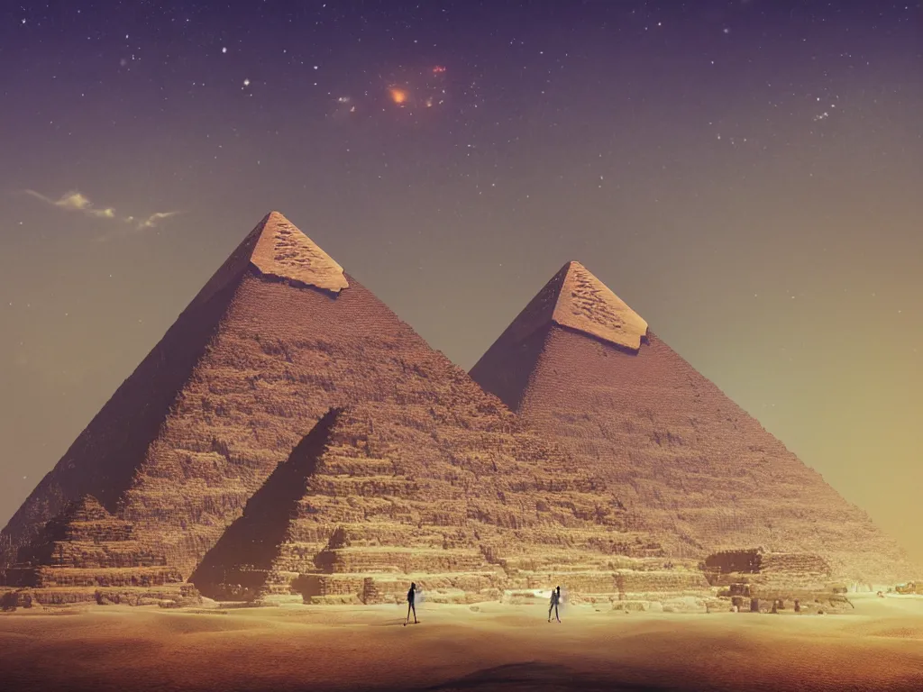 Image similar to photography of an egyptian god standing in front of the giza pyramid, fantasy ,volumetric lighting, intricate, elegant, hyperdetailed matte painting, highly detailed, digital painting, artstation, smooth, sharp focus, illustration, art by Makoto Shinkai and artgerm, hyperrealism, hyperrealistic, cinematic masterpiece, fantasy style 8k ultrahd octane render