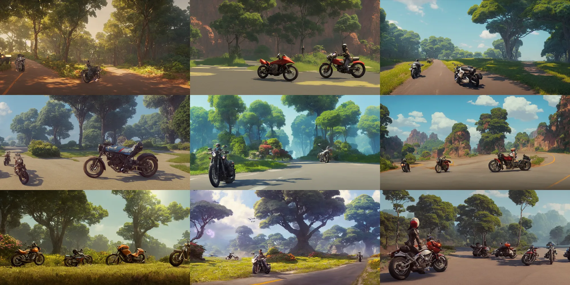 Prompt: a wholesome motorcycle ride across beautiful scenery, studio Ghibli, Pixar and Disney animation, sharp, Rendered in Redshift and Unreal Engine 5 by Greg Rutkowski, Bloom, dramatic lighting