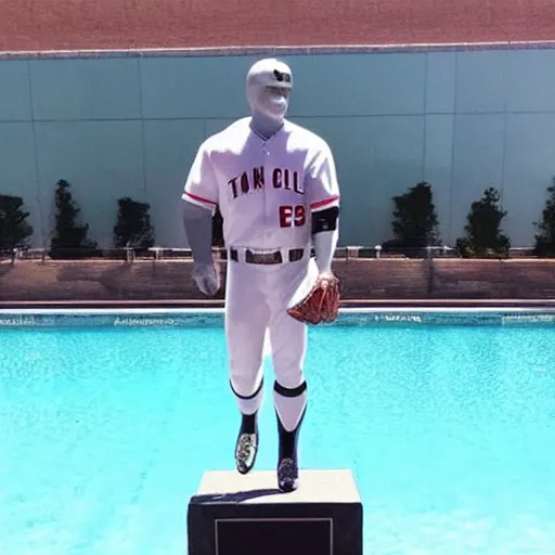 Image similar to “a realistic detailed photo of a guy who is named Mike Trout a baseball player, frozen like a statue, with shiny skin, by a pool, on display”