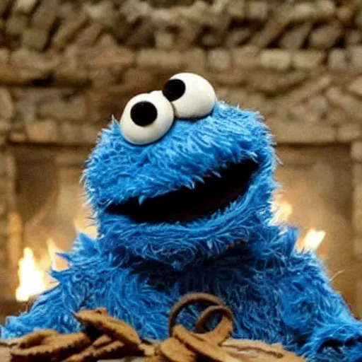 Image similar to cookie monster in game of thrones. having the time of his life.