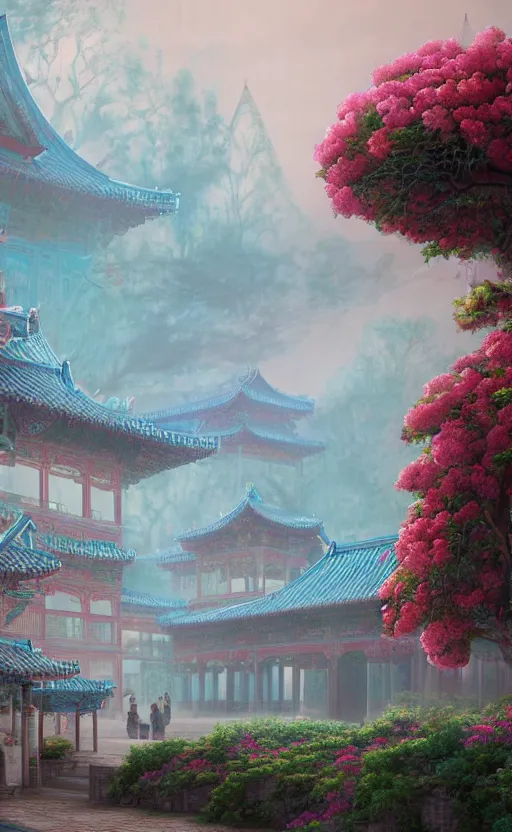 Image similar to vanishing point, palace covered with aqua blue roses like the forbidden city in distance at the red rose royal manor, viewed from afar, stephen bliss, misty, unreal engine, fantasy art by greg rutkowski, loish, ferdinand knab, and lois van rossdraws,, global illumination, radiant light, minimalist, detailed and intricate environment