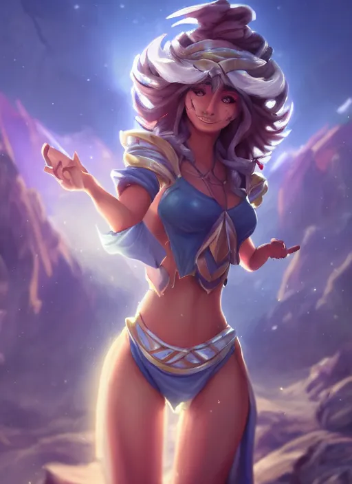 Image similar to taliyah, from league of legends, in shape, cosplay, exhibant au naturel, symmetrical body, hyper detailed, digital art, trending in artstation, cinematic lighting, studio quality, smooth render, unreal engine 5 rendered, octane rendered, art style by klimt and nixeu and ian sprigger and wlop and krenz cushart