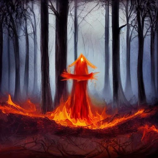 Image similar to ominous bedsheet ghost standing in a burning forest, oil painting, brush strokes, gloomy foggy atmosphere, symmetrical, full body image, highly ornate intricate details,