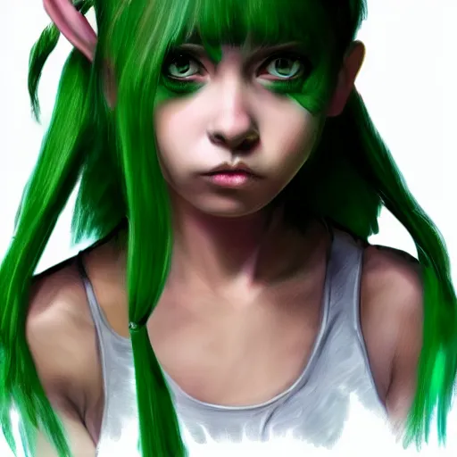 Prompt: artstation young girl with green eyes and pigtails her head in fury, very detailed, , portrait, high contrast