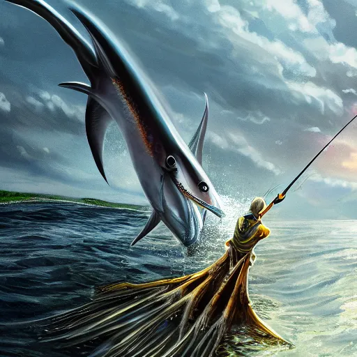 Image similar to lord sauron on his new paddle fishing a giant swordfish, digital art, trending on art station, high quality, uhd 8 k, beautiful, golden hour, intricate detail, high gradient, raytracing