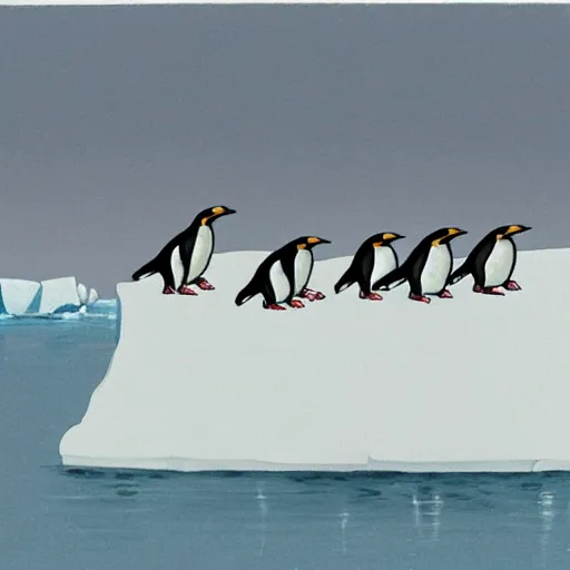 Prompt: s. gross new yorker cartoon of penguins on an iceberg