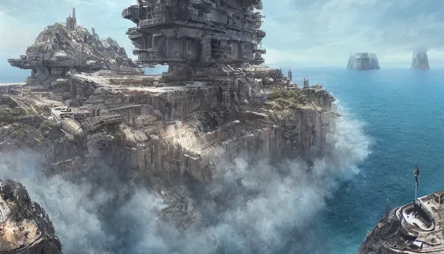 Prompt: imperial base on a cliff overlooking a magnificient bay, by james gurney, greg rutkowski, drawing architecture, brutalist, highly detailed digital art, artstation, greig fraser