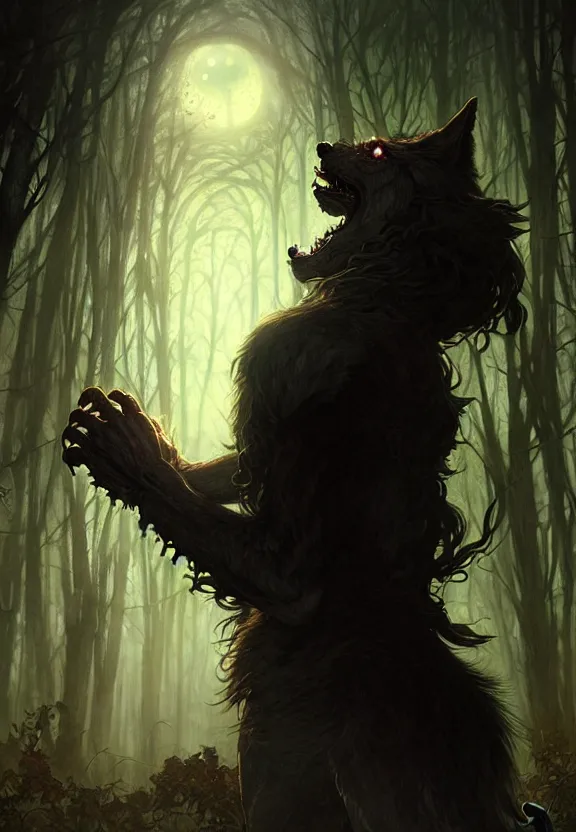 Image similar to Encounter with a monstrous werewolf at a spooky old cemetery, fantasy magic, dark light night, intricate, elegant, sharp focus, illustration, highly detailed, digital painting, concept art, matte, art by WLOP and Artgerm and Greg Rutkowski and Alphonse Mucha, masterpiece