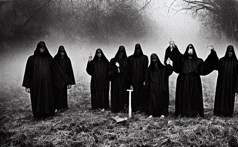 Prompt: a old grainy 1 8 0 0 s black and white photo of a group of demonic cultists, wearing robes, summoning a demon, bones on the ground, grainy, fog, mist, cobweb, old photo, golden ratio, scary, horror photography, 5 0 mm lens, f 1. 8