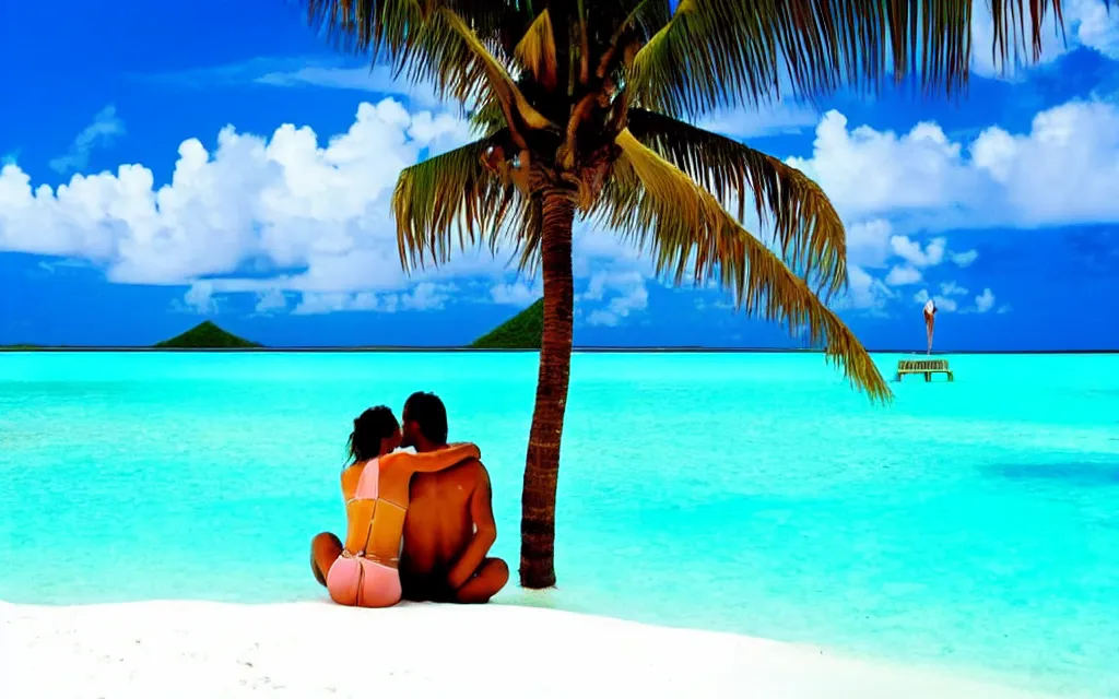 Prompt: alone together peaceful sipping pina coladas on a beautiful tropical island beach, white sands, perfect sunset, turquoise lagoon