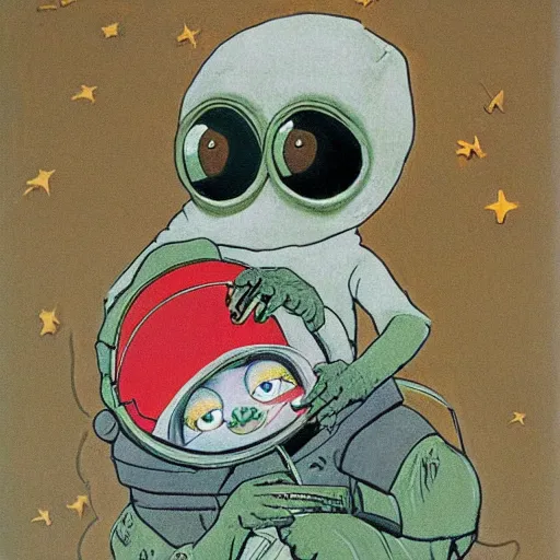 Prompt: pepe the frog landing on the moon by norman rockwell