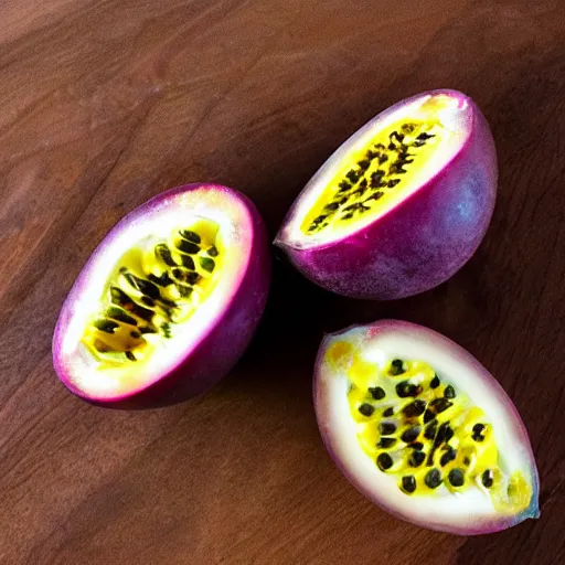 Prompt: a passion fruit in two halves