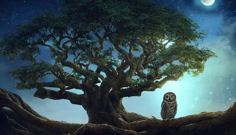 Prompt: very very small owl, sitting on a gigantic banyan tree in moonlit kerala by ilya kuvshinov, starry night, rtx rendering, octane render 1 2 8 k, maya, extreme high intricate details by tom bagshaw, medium shot, close up shot, composition by sana takeda, lighting by greg rutkowski