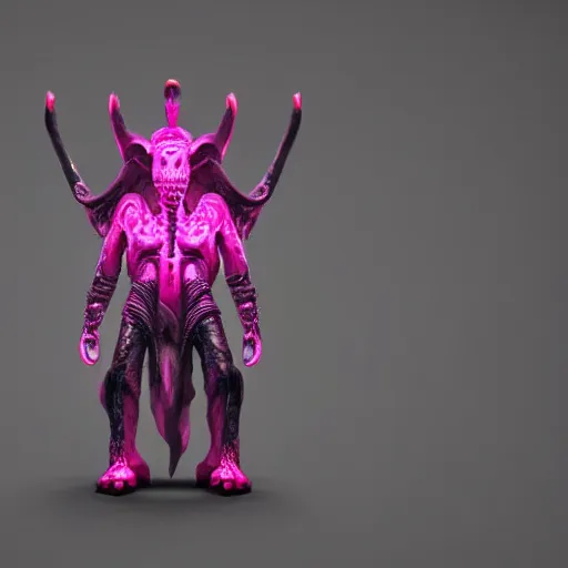 Image similar to a realistic antropomorphic pink elephant dressing necromancer clothes sited in a xenomorphic throne with glow neon eyes, finely detailed, 4 k, photorealistic, cycles engine,