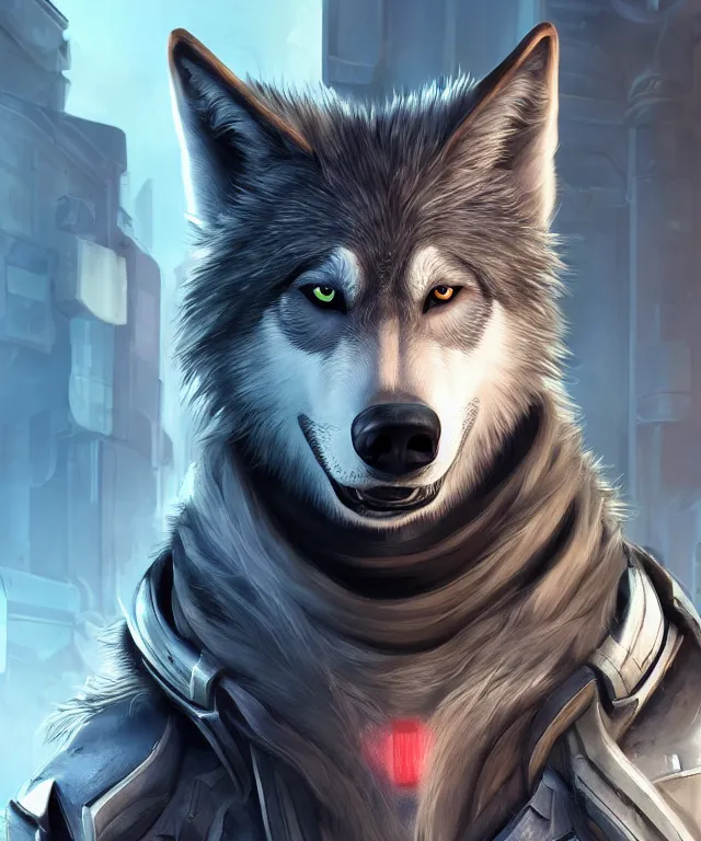 Image similar to portrait of a male anthropomorphic dark gray wolf with red hair and blue eyes in a futuristic city, hyper detailed, digital art, trending in artstation, cinematic lighting, studio quality, smooth render, unreal engine 5 rendered, octane rendered, art style by pixar dreamworks warner bros disney riot games and overwatch.