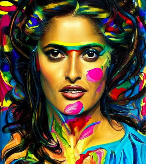 Prompt: beautiful painting of salma hayek by dariusz zawadski, contemporary, creepy, colorful acrylic, realistic portrait by kehinde wiley and archan nair