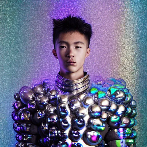 Image similar to a portrait of a beautiful young male wearing an alexander mcqueen armor made of holographic bubbles , photographed by andrew thomas huang, artistic