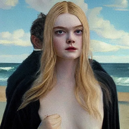 Image similar to Elle Fanning in a black robe holding a skull on the beach, head and shoulders portrait, stormy weather, extremely detailed masterpiece, Roger Deakin’s cinematography, oil on canvas, Edward Hopper,