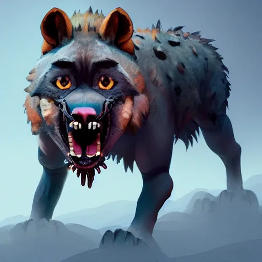 Prompt: upper body illustration of a gnoll creature, a humanoid with a hyena face, aggressive and rabid look, mattepainting concept blizzard pixar maya engine on stylized background splash comics global illumination lighting artstation, sharp focus, lois van baarle, ilya kuvshinov, rossdraws