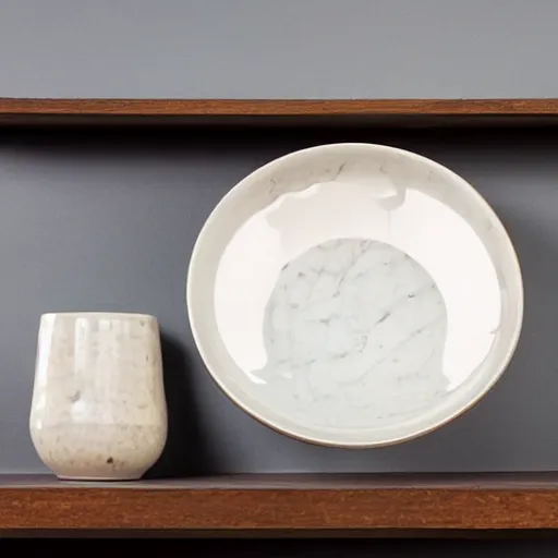 Image similar to ceramic bowl and plate on a marble shelf