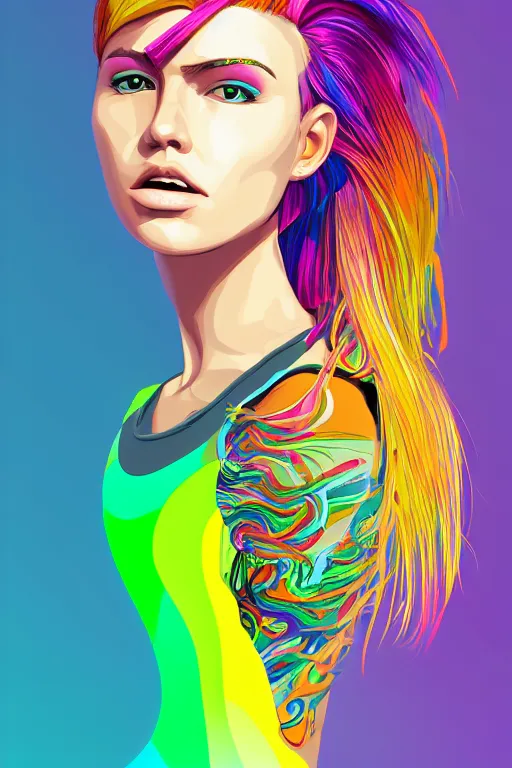 Image similar to a award winning half body portrait of a beautiful woman with stunning eyes in a printed croptop and cargo pants with rainbow colored ombre hairstyle head in motion and hair flying by josan gonzales, outrun, vaporware, shaded flat illustration, digital art, trending on artstation, highly detailed, fine detail, intricate