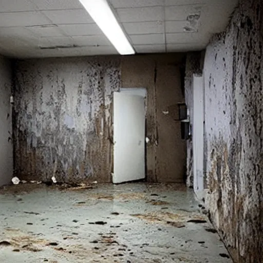 Image similar to backrooms office space, ominous lighting, moldy walls, samara from the ring wading in shallow water