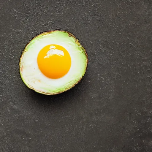 Image similar to close up high resolution photo of a mix between a fried egg and an avocado, very tasty, realistic, food photography, instagram, trending