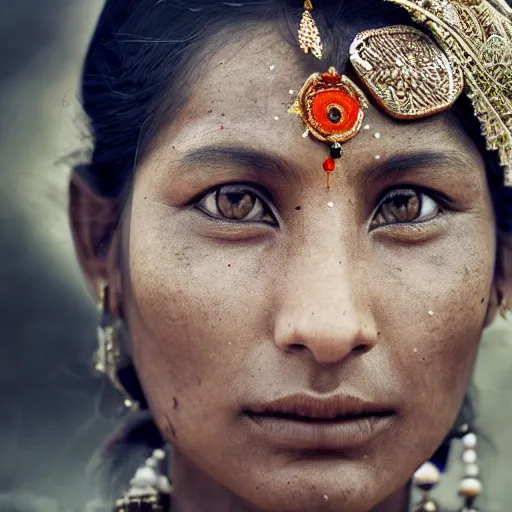 Image similar to portrait of a stunningly beautiful himalayan tribal female, depth of field, zeiss lens, detailed, symmetrical, centered, fashion photoshoot, by Annie Leibovitz and Steve McCurry, David Lazar, Jimmy Nelsson, Breathtaking, 8k resolution, extremely detailed, beautiful, establishing shot, artistic, hyperrealistic, beautiful face, octane render