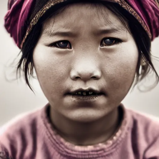 Prompt: Photo of a young Tibetan girl with blue eyes in the style of Lee Jeffries