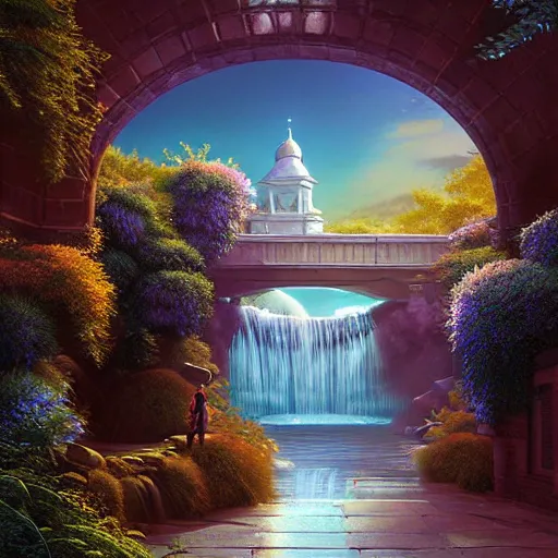 Prompt: walkway waterfall skies rich hyper realism 8 k octane render sacred by evgeny lushpin, moebius, john stephens, rhads, arthur adams