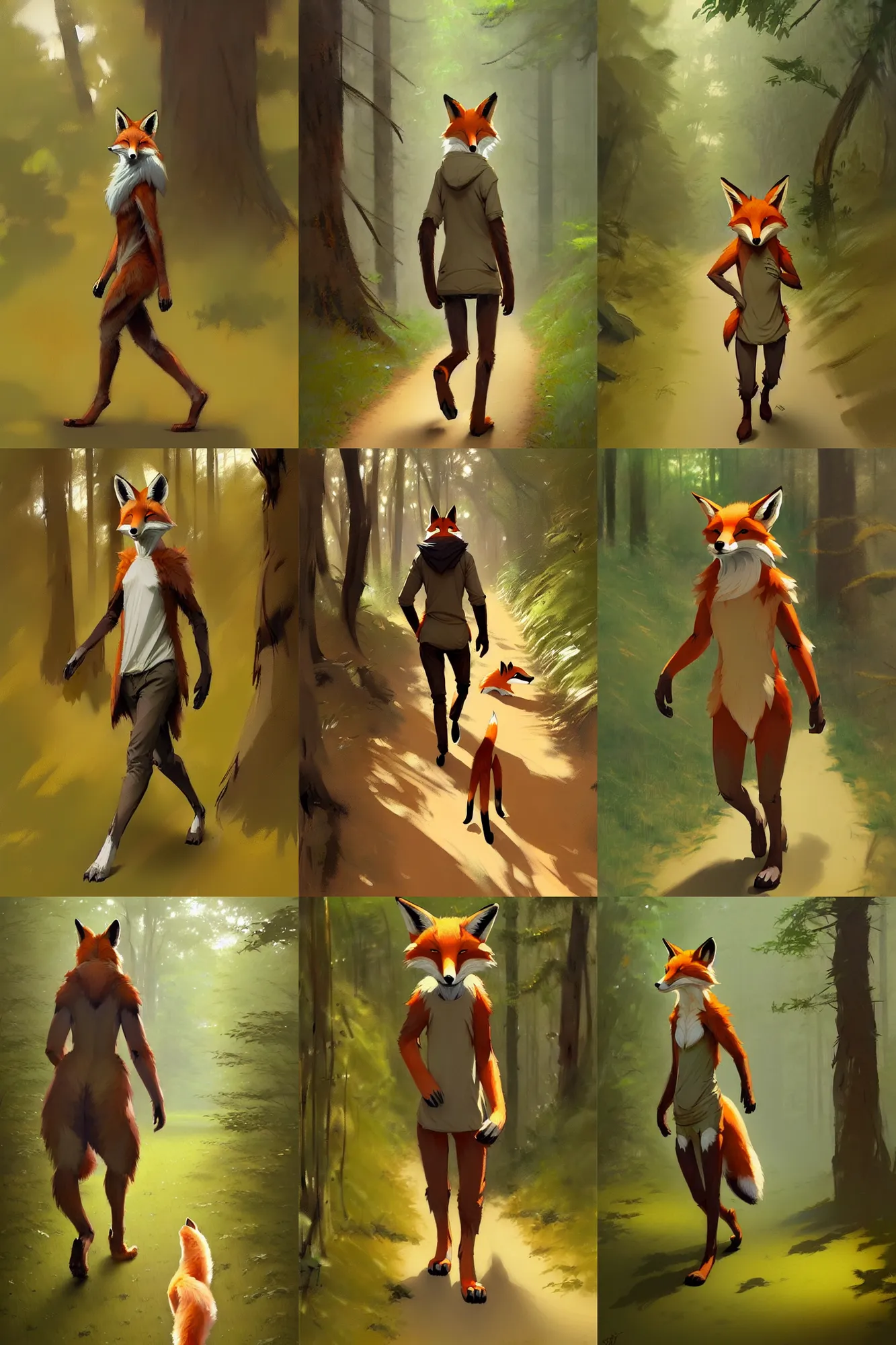 Prompt: anthro digitigrade natural - colored cartoon fox person, walking upright in a forest, greg rutkowski, gregory manchess