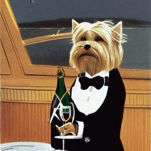 Image similar to a Yorkshire terrier wearing a black bow tie and drinking a bottle of champagne on a yacht in heaven, extremely detailed masterpiece, illustration, by Michael Sowa,