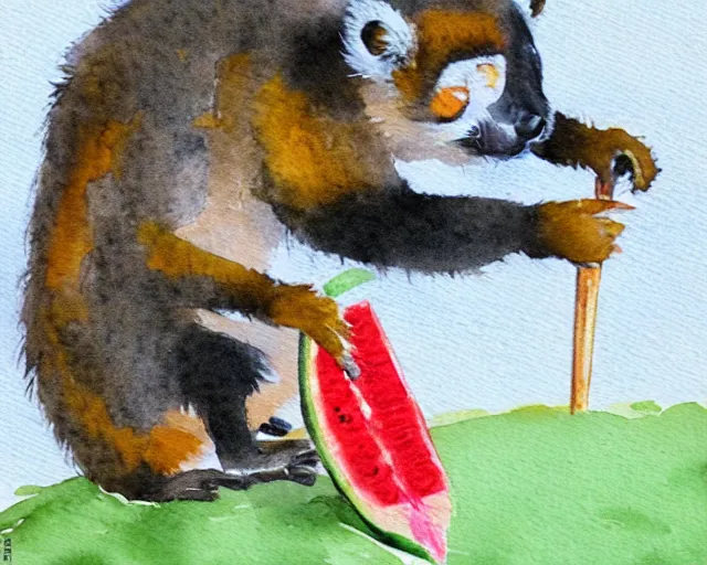 Prompt: a bright happy bill waterson watercolour of a lemur eating a watermellon popsicle