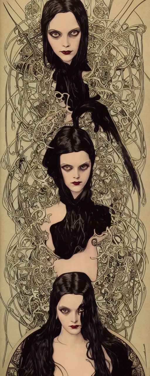 Prompt: striking sensual gorgeous sci - fi art nouveau portrait of wednesday addams as the dark goddess lilith by michael kaluta, chris achilleos and alphonse mucha, photorealism, extremely hyperdetailed, perfect symmetrical facial features, perfect anatomy, ornate declotage, weapons, circuitry, high technical detail, determined expression, piercing gaze