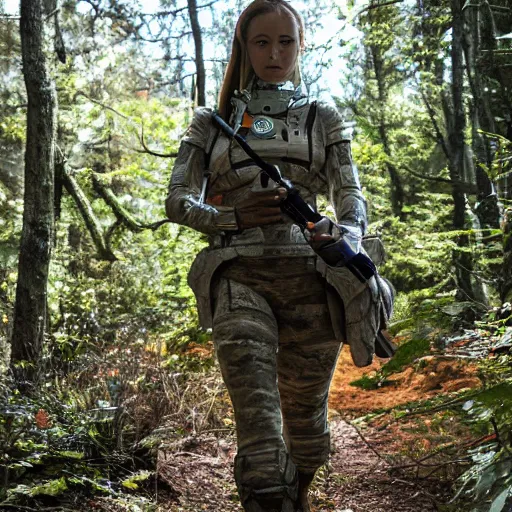 Prompt: a female space scout wearing a camo uniform with white armor exploring a forest planet