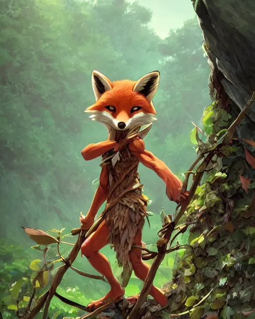 Prompt: an anthropomorphic fox warrior wearing clothes made of leaves and vines, holding a spear. Posed heroically on a rock. Adventurous, new adventure, trees, rocks, atmospheric lighting, stunning, brave. By Makoto Shinkai, Stanley Artgerm Lau, WLOP, Rossdraws, James Jean, Andrei Riabovitchev, Marc Simonetti, krenz cushart, Sakimichan, D&D trending on ArtStation, digital art.