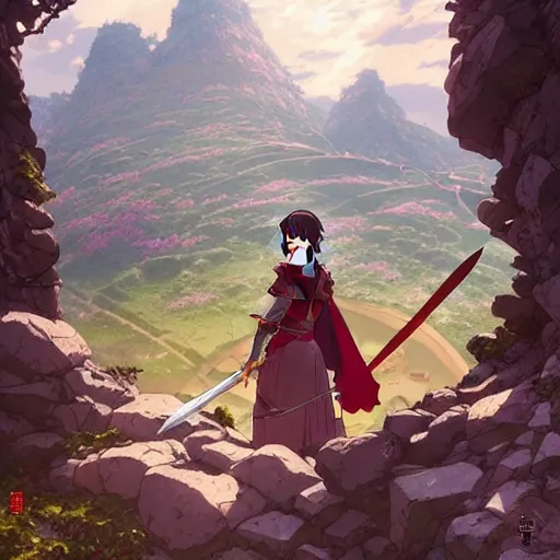 Image similar to the knight and the sword of rose petal, anime, castle core, mountains, rocky roads. by hayao miyazaki and rossdraws and artgerm and greg rutkowski and alphonse mucha and studio ghibli and ilya kuvshinov. high quality, stunning, intricate detailed environment. 8 k