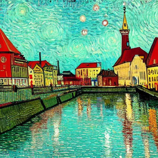 Prompt: a painting of the city of Rostock in the style of Vincent van Gogh