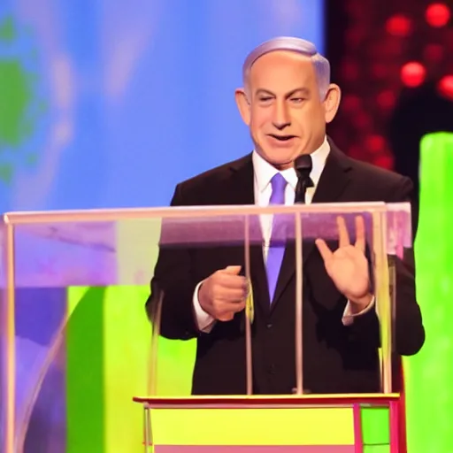 Image similar to benjamin netanyahu getting slimed at the kid's choice awards, sharp focus, highly detailed