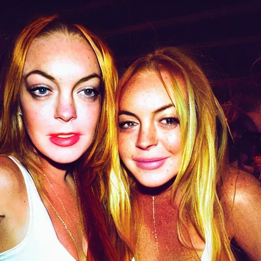 Image similar to Selfie photograph of Lindsay Lohan and Lindsay Lohan, golden hour, 8k,