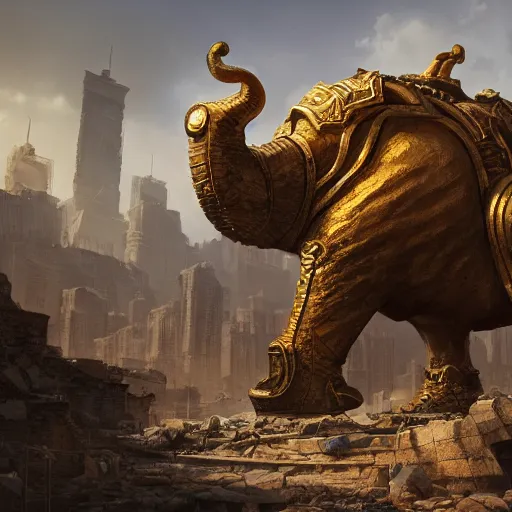 Image similar to golden mammoth in a ruined city, stylized, artstation, hd, cgsociety, cgi, realistic, dramatic, cinematic, artistic, trending, detailed