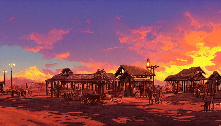 Prompt: train station roadside old west saloon cactus graveyard sunset sky clouds illustration by syd mead artstation 4 k 8 k graphic novel concept art matte painting