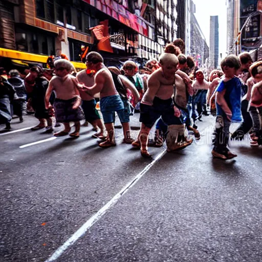 Prompt: portrait of a horde of midgets raiding the streets of new york city, sharp focus, 4 k editorial photograph, soft lighting, shallow depth of field, people out of focus