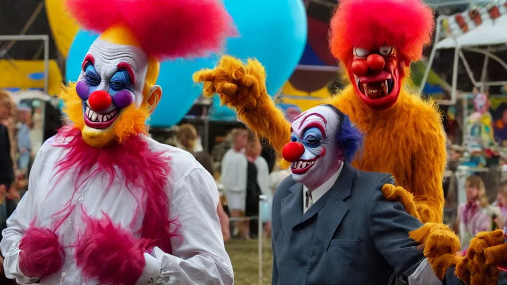 Image similar to the clown monster at the fair, they tie a balloon animal, film still from the movie directed by denis villeneuve and david cronenberg with art direction by salvador dali and dr. seuss