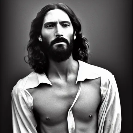 Prompt: photograph portrait of Jesus Christ, B&W, Vogue magazine, taken on 1970s kodak camera, grainy, kodak, fashionable, 4k, very realistic, hiper detailed, trending on artstation, studio, 35mm