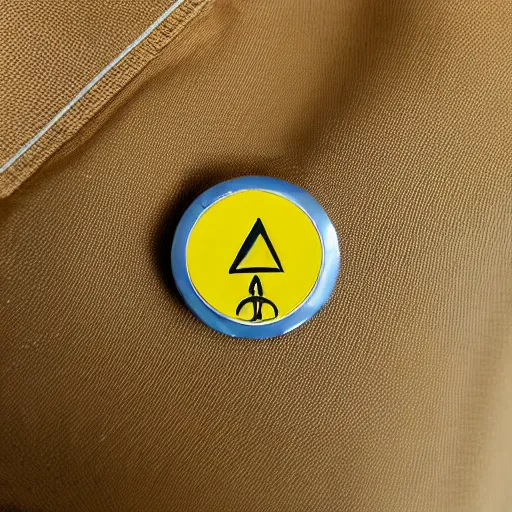 Prompt: a diamond enamel pin depicting a caution warning label, smooth curves