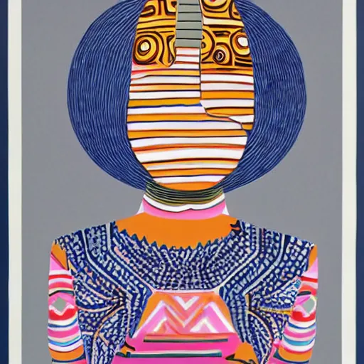 Prompt: a beautiful print. she has deeply tanned skin that makes me think of oort, an almond asian face and a compact, powerful body. by camille walala offhand, uneven