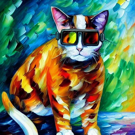 Prompt: painting of a cat wearing a lab coat and safety goggles mixing chemicals by Leonid Afremov